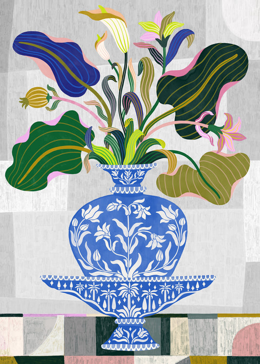 The Vase Poster features a blue vase with white floral patterns inspired by Swedish Kurbits, holding vibrant abstract leaves and flowers. It rests on a matching decorative platter against a textured, multicolored geometric backdrop reminiscent of traditional Persian and Indian art.