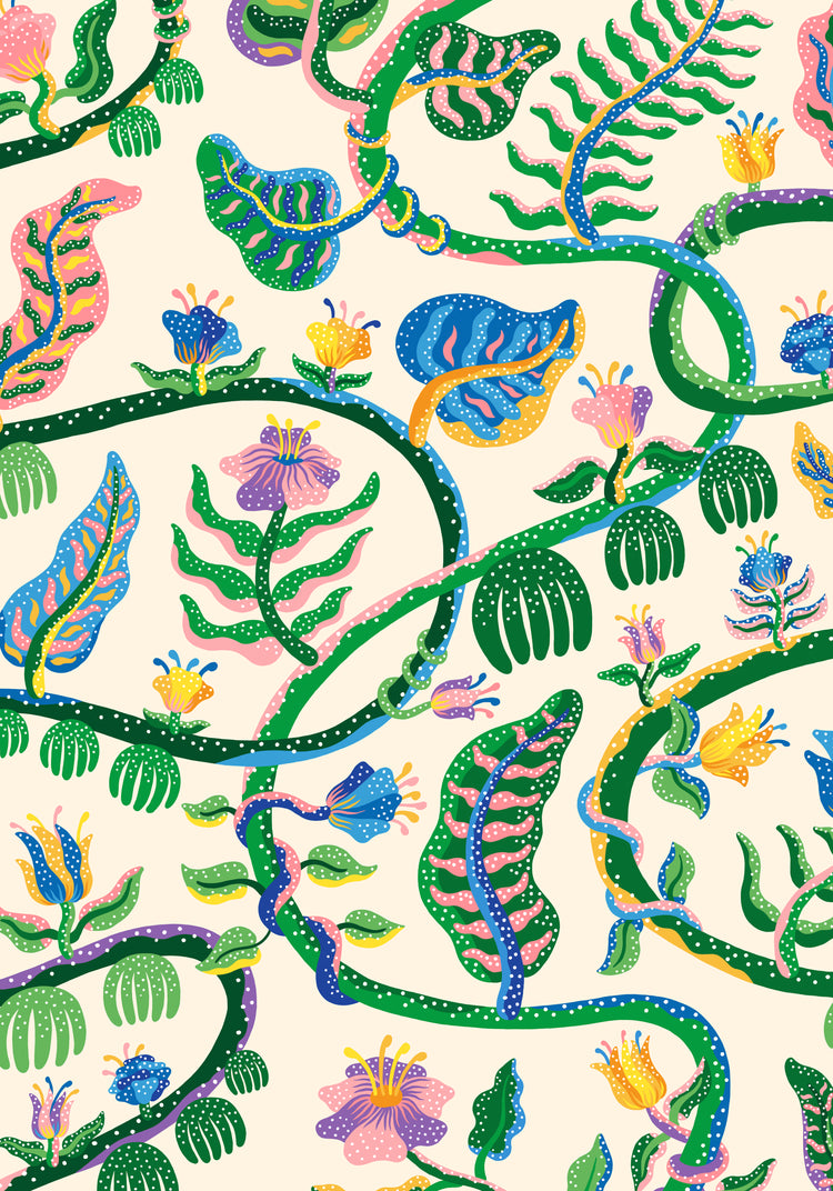 The Liana Poster showcases a colorful abstract illustration of vibrant leaves and flowers entwined on green vines. Crafted in Manne Jalilians style, the design features diverse pink, blue, and yellow patterns against a light beige background.