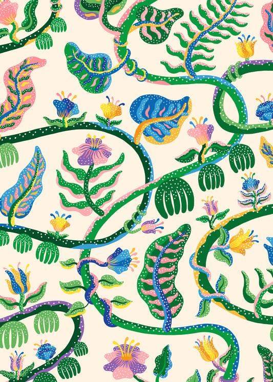 The Liana Poster, designed by Manne Jalilian, features intertwining green vines with tropical leaves and vibrant pink, blue, purple, and yellow flowers on a light background. This colorful abstract illustration is perfect for a striking display.