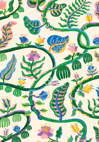 The Liana Poster by Manne Jalilian showcases colorful abstract art with intertwining green vines, large leaves, and vibrant pink, blue, and orange flowers. A light cream background enhances the detailed patterns and lively feel of the composition.