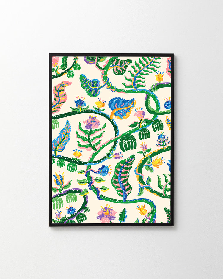 The Liana Poster by Manne Jalilian features a vibrant abstract pattern of green vines with colorful blue, pink, orange, and purple leaves and flowers on a light background.