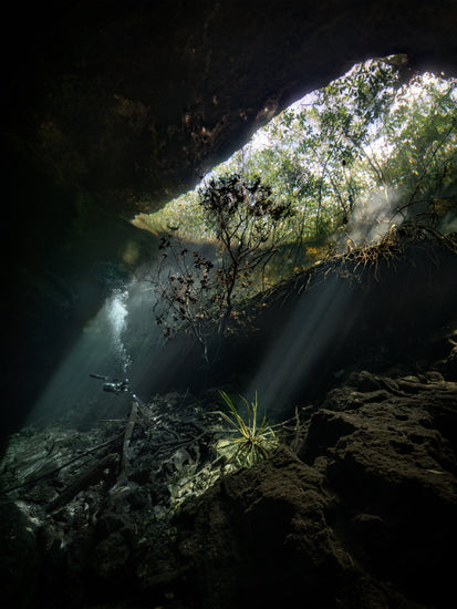 Man diving in a cenote illuminated by the sunlight from the Mexican sun.