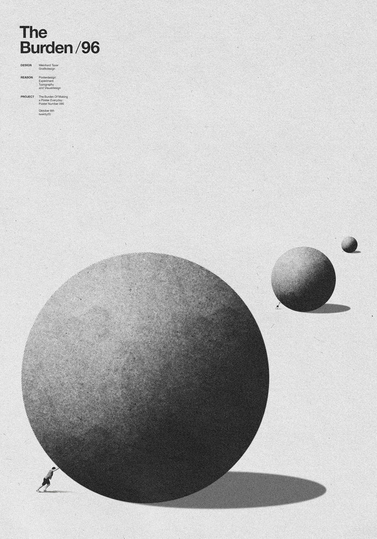 Small humans pushing three big grey balls symbolizing the burdens they carry.