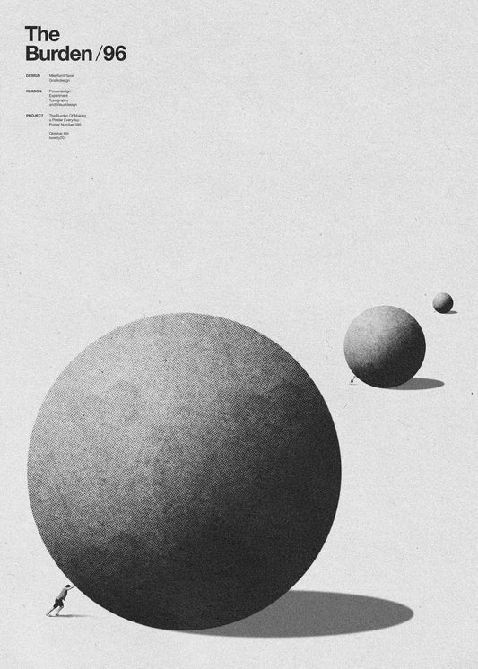 Small humans pushing three big grey balls symbolizing the burdens they carry.