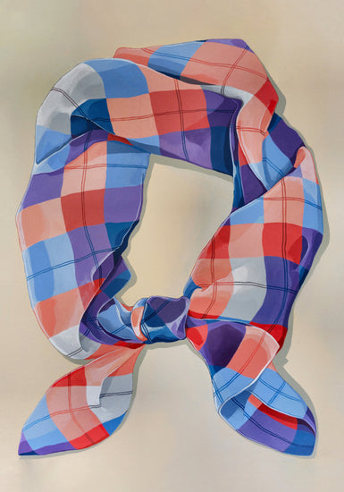 The A Harlequin Knot Poster displays a loosely knotted colorful scarf in blue, red, and orange checkered pattern.