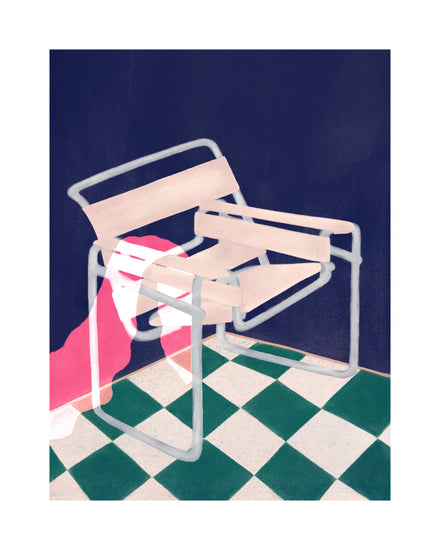 The Bauhaus 02 Poster showcases an abstract scene with a light-colored Wassily chair draped in red cloth on a green and white checkered floor, set against a dark background, echoing modernism.