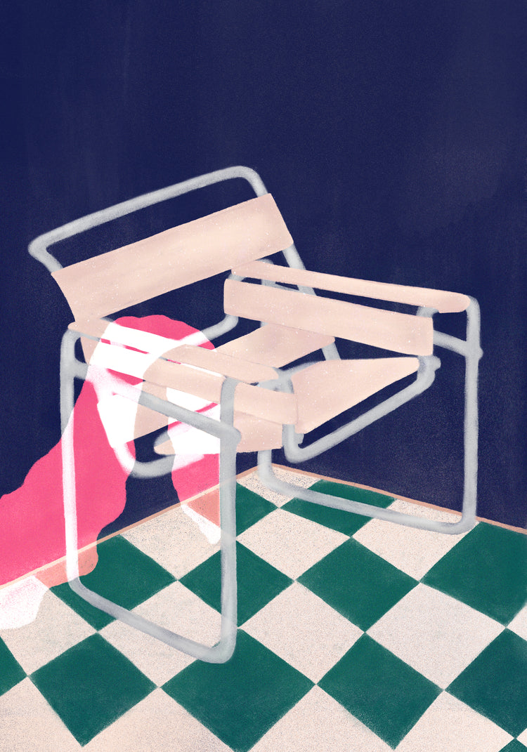 A wooden Wassily chair with a metallic frame rests elegantly on a green and white checkered floor, epitomizing modernism. A pink and white cloth drapes over its armrest against a dark backdrop, capturing the Bauhaus 02 Posters style.