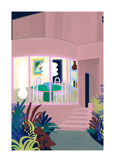 The Lighted Windows 01 Poster showcases a modern home at night with large, curved windows displaying colorful designs. Inside, soft lighting illuminates a round table surrounded by chairs, while lush plants frame the scene for an inviting, poster-like atmosphere.
