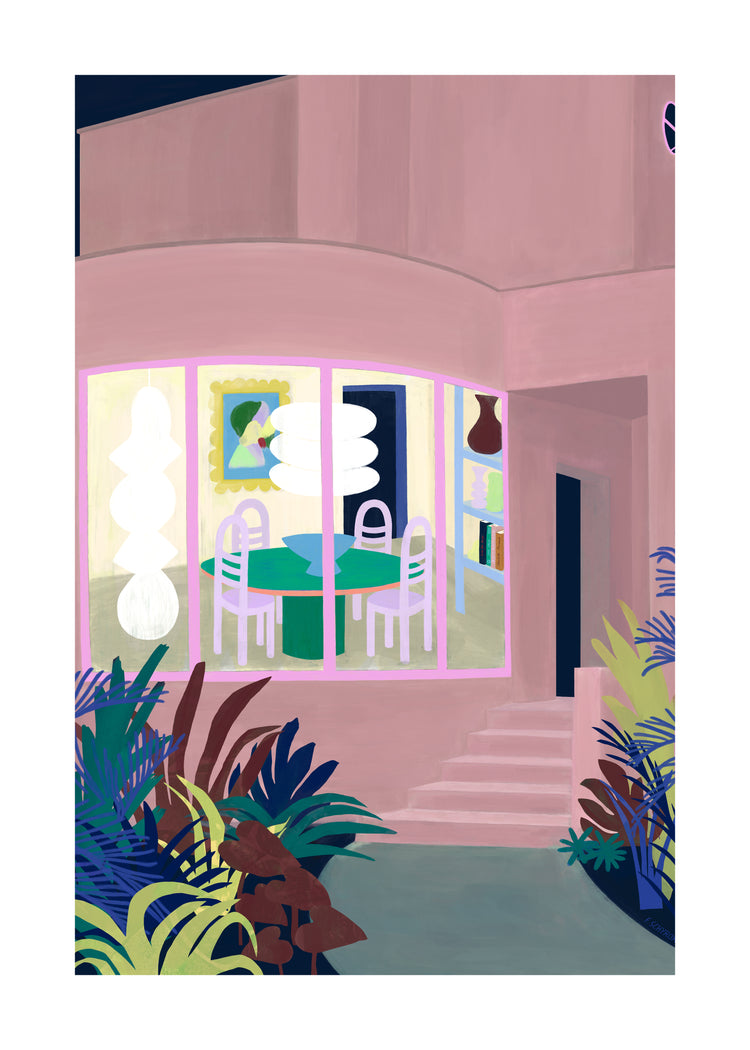 The Lighted Windows 01 Poster showcases a modern home at night with large, curved windows displaying colorful designs. Inside, soft lighting illuminates a round table surrounded by chairs, while lush plants frame the scene for an inviting, poster-like atmosphere.