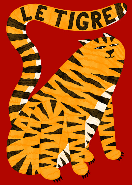Illustrated by Manne Jalilian, the Le Tigre Red Poster showcases a whimsical orange tiger with bold black stripes and a long tail, set against a vibrant red backdrop. The text LE TIGRE enhances its charm and artistic allure.