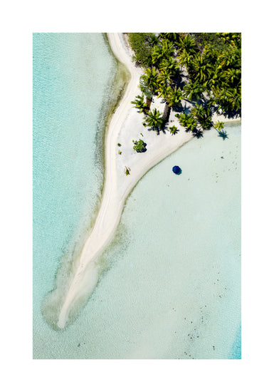 Island with white sand, turquoise ocean and green palm trees captured from above.