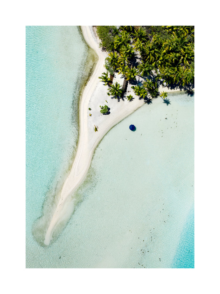 Island with white sand, turquoise ocean and green palm trees captured from above.