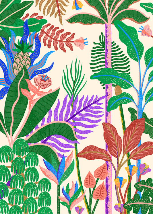 The Jungle by Day Poster features a tropical-themed illustration with stylized plants in vibrant green, pink, purple, and blue. Pineapples, ferns, and banana leaves stand out against a light yellow background, creating magical art akin to Manne Jalilians style.