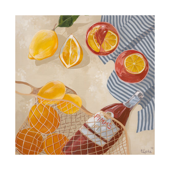 A still life painting by Cat Gerke, titled Pimms Afternoon Poster, features lemons and oranges, some sliced open, with a glass container labeled OHAM and a striped cloth. A mesh bag holds several fruits and the container on a neutral backdrop; ideal for a Wallbaby poster.