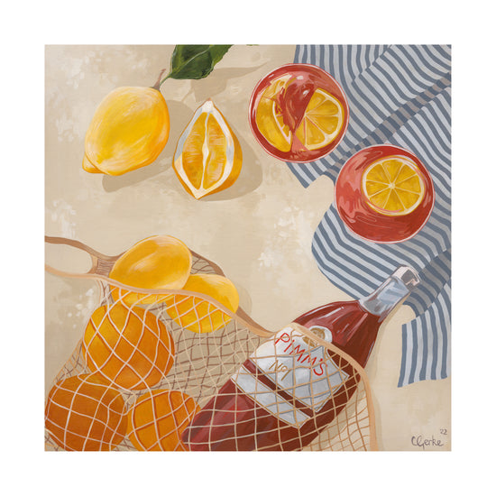 The Pimms Afternoon Poster features a still life with lemons, sliced citrus fruits, a netted bag of oranges, and a bottle. A striped cloth appears on the side, echoing Cat Gerkes style. Ideal as a Wallbaby poster to infuse any room with vibrant energy.