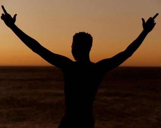 Man standing in front of a sea at sunset and flipping everybody off.
