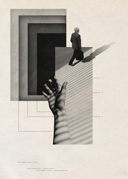 Graphic design combining straight lines and squares with real life photography.