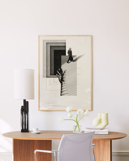 Graphic design combining straight lines and squares with real life photography.