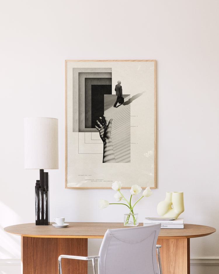 Graphic design combining straight lines and squares with real life photography.