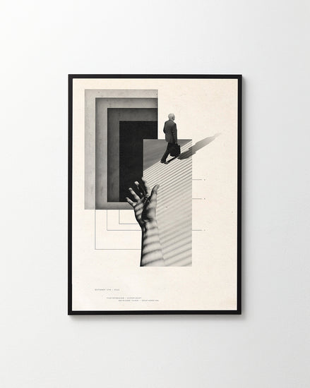 Graphic design combining straight lines and squares with real life photography.