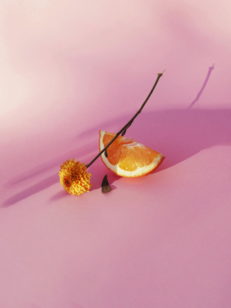 Still life portrait of an orange and a flower on a pink surface.