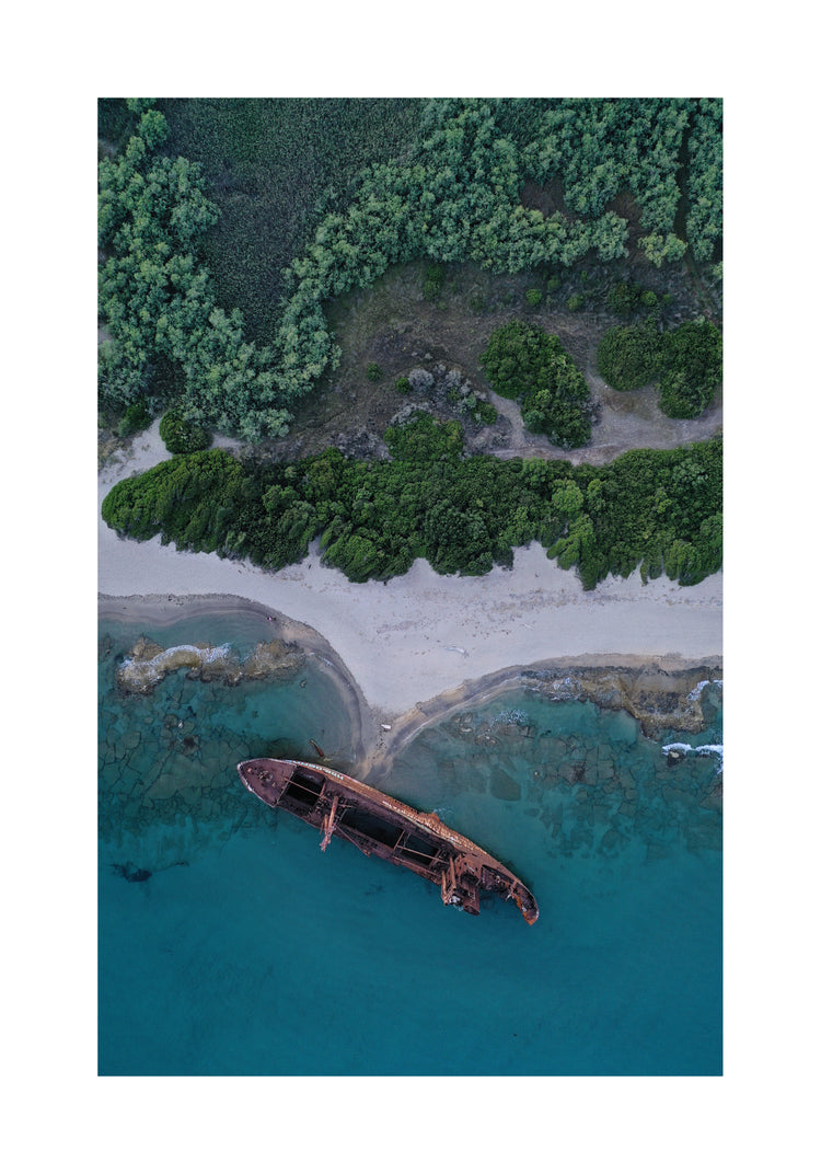 A shipwreck washed up on shore laying between the blue ocean and a green forest.