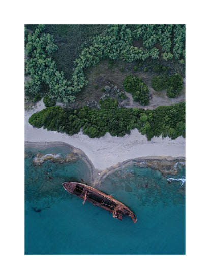 A shipwreck washed up on shore laying between the blue ocean and a green forest.