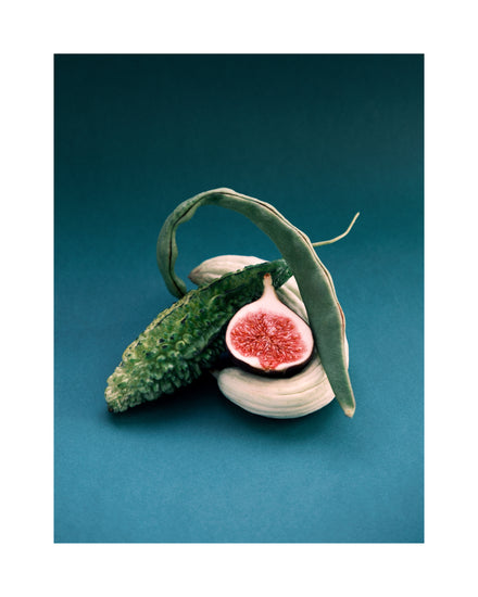 Different fruits and vegetables stacked together on a turquoise canvas.