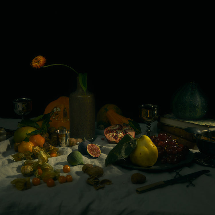 Still life photograph looking like an 18th century oil painting.