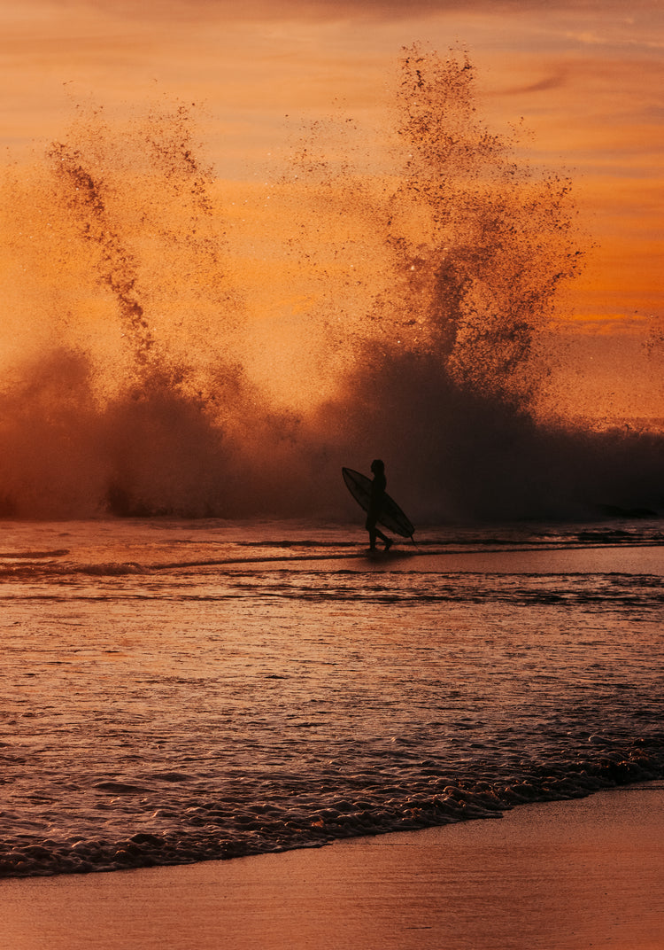 Surfer heading out into the orange waves during sunset.