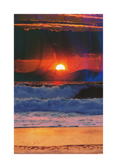 Waves crashing on the shore illuminated by a golden sunset on a cloudy sky.