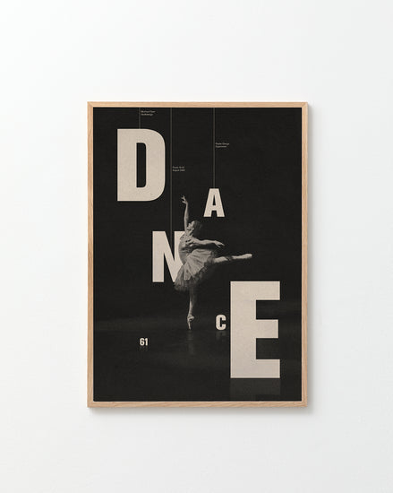 Ballerina on a black canvas surrounded by letters spelling out the word dance.