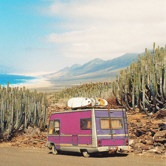 Pink trailer on the road through the dessert towards the ocean coast.