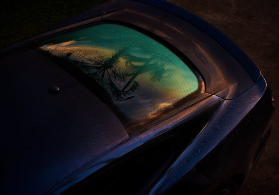 Sunset sky and outlines of palm trees reflected in a rain-stained car window.