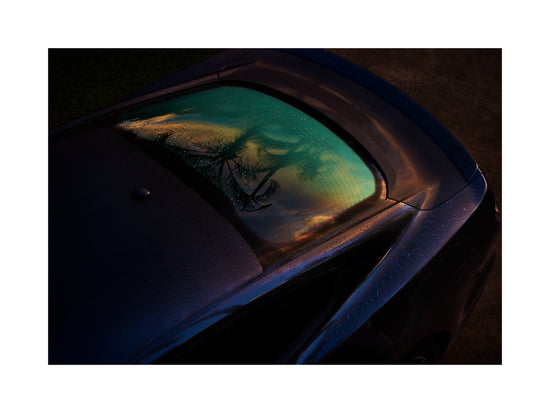 Sunset sky and outlines of palm trees reflected in a rain-stained car window.