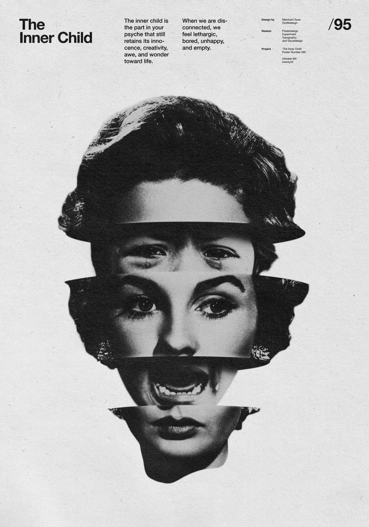 Woman with face split in five each part showing a different emotion.